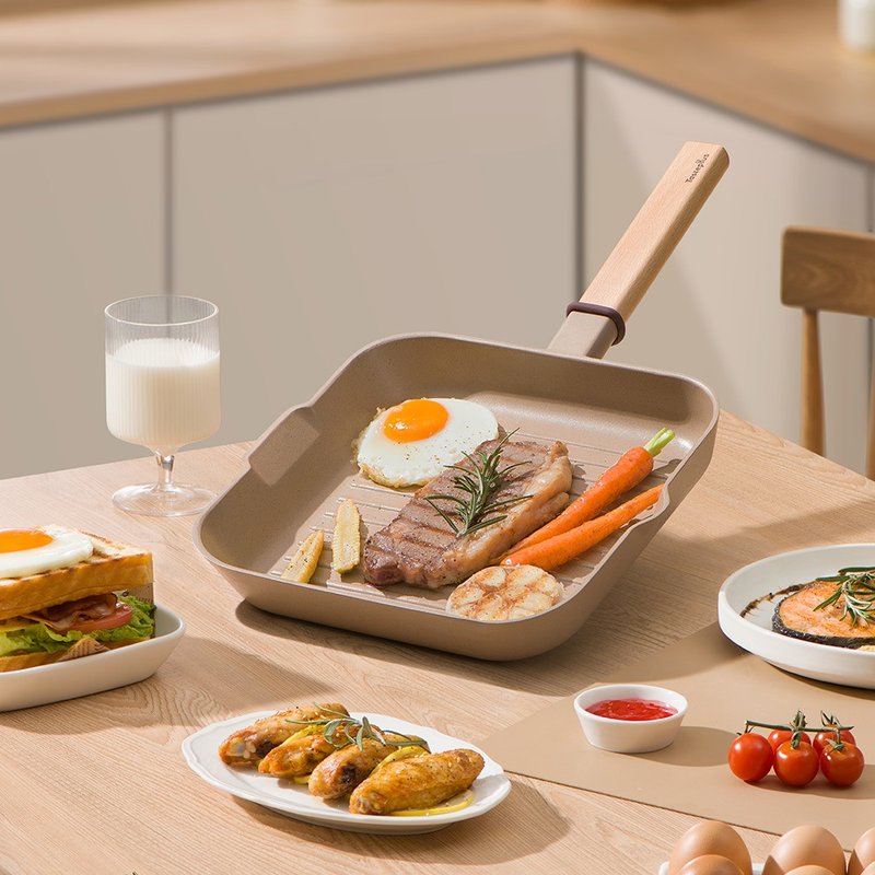 【Taste Plus】悦味元麦 陶土不沾锅方型平底锅 牛排锅 煎盘-24cm - 锅具/烤盘 - 铝合金 卡其色