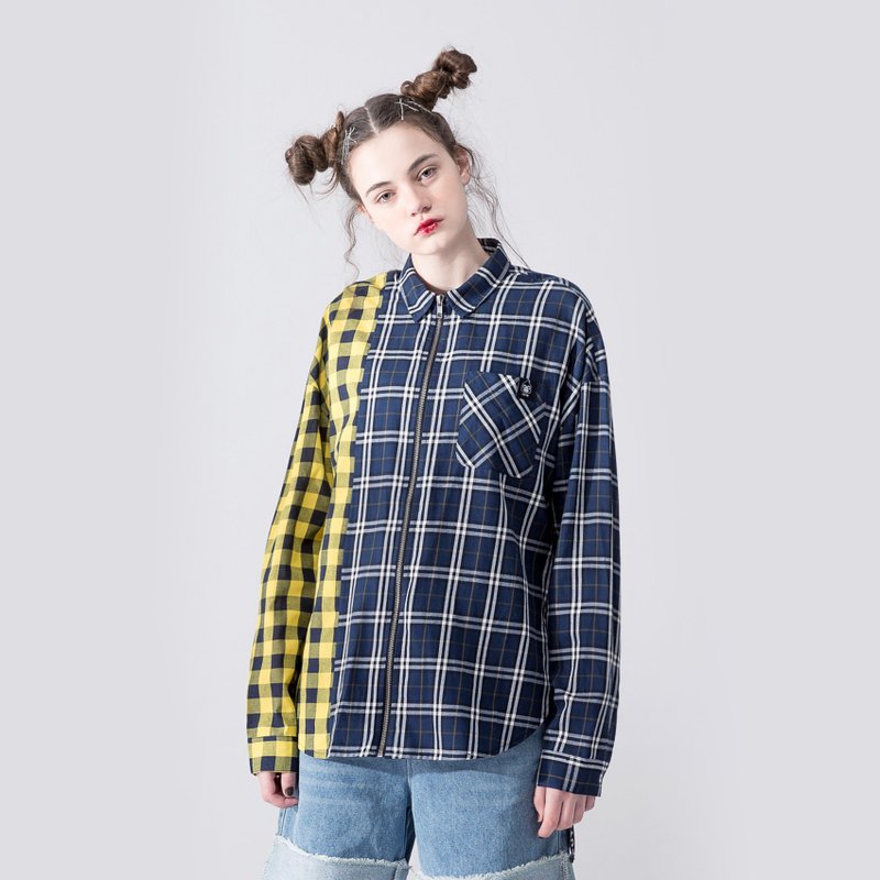 中性款 格纹拼接拉链长袖衬衫式外套 / 黄+蓝黑格 - 女装衬衫 - 棉．麻 蓝色