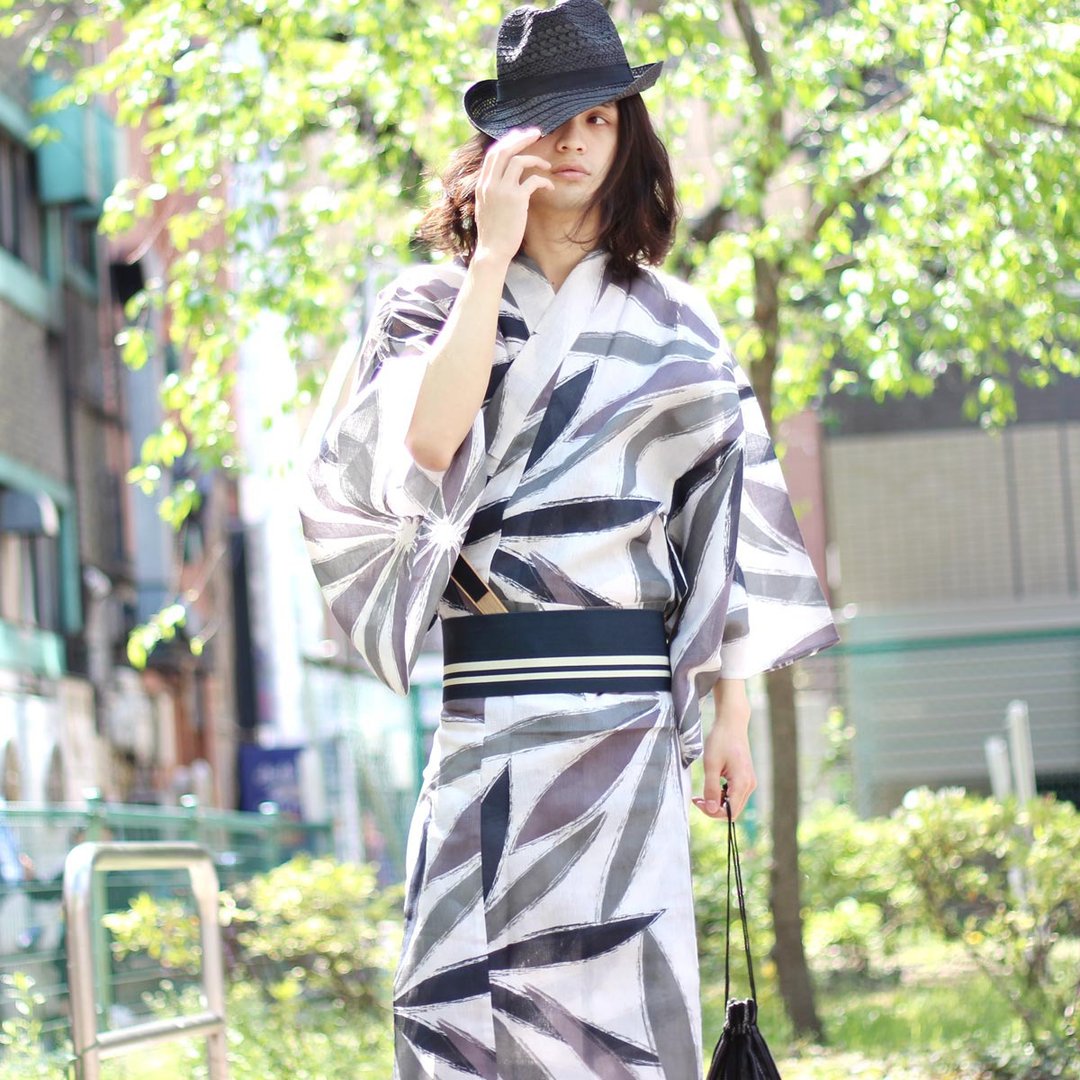 日本 和服 男士 浴衣 腰带 2 件 套组 绵麻 3L Z20-105b - 其他 - 棉 白色