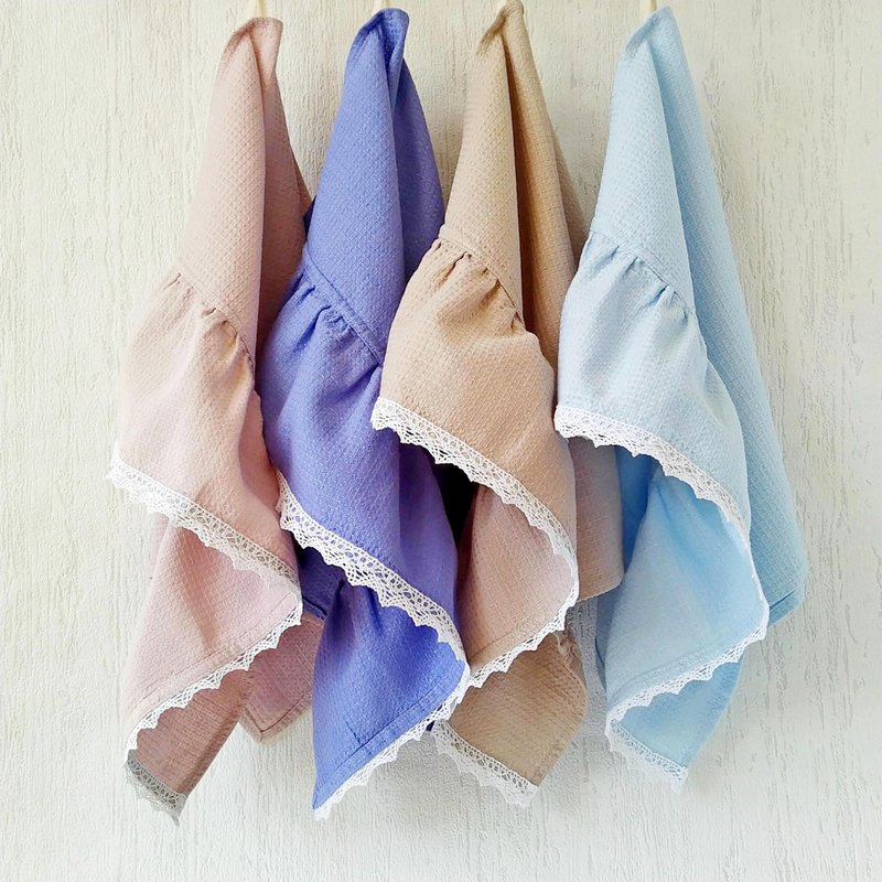 亚麻厨房毛巾四件组，华夫格纹柔软毛巾，荷叶边茶巾，有机毛巾 - 毛巾浴巾 - 亚麻 粉红色