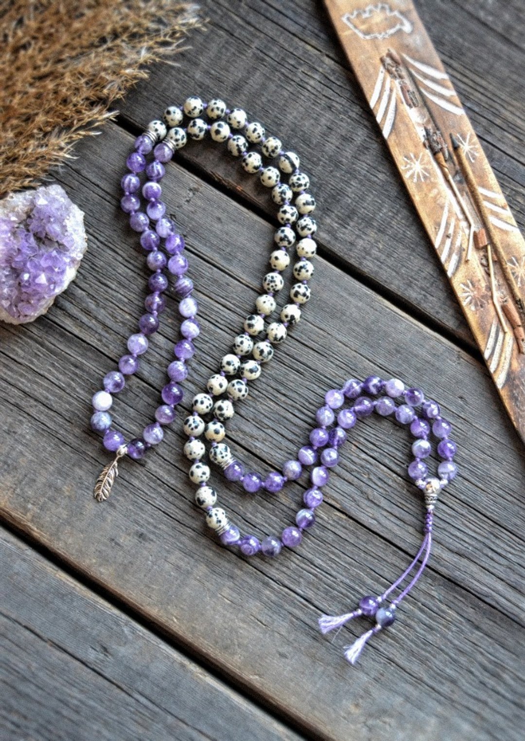 Rosary from Amethyst and Dolmatian Jasper Mala Beads for Meditation 108 - 项链 - 纯银 紫色