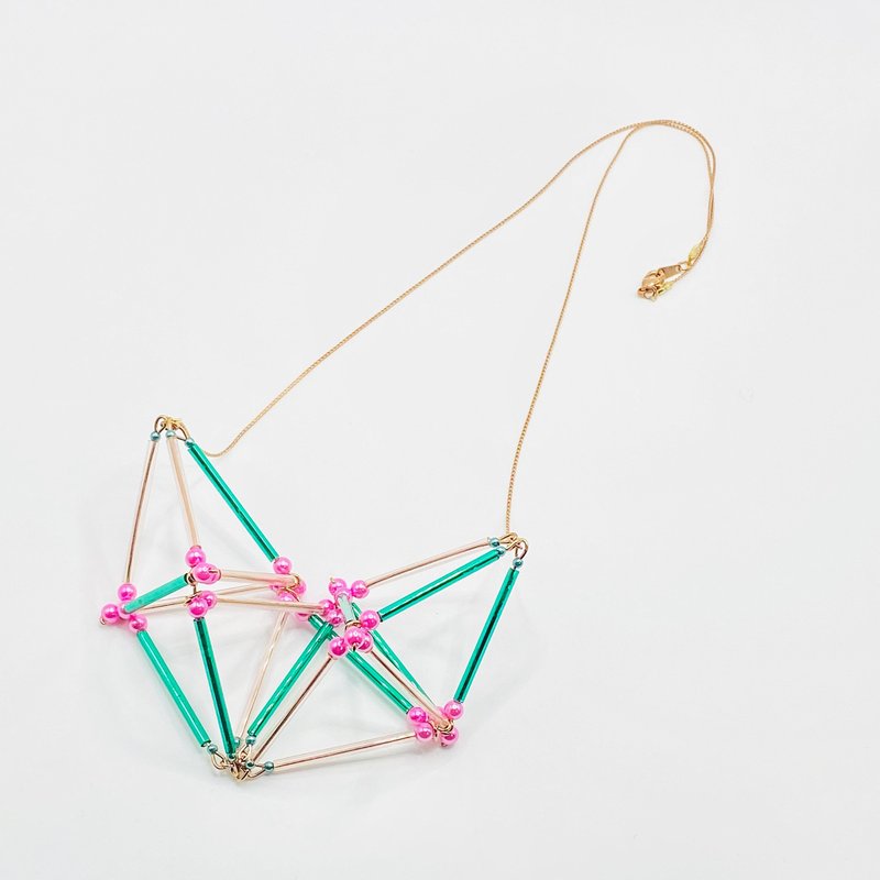 3D Heart NECKLACE【Pink×Green】 - 项链 - 玻璃 多色