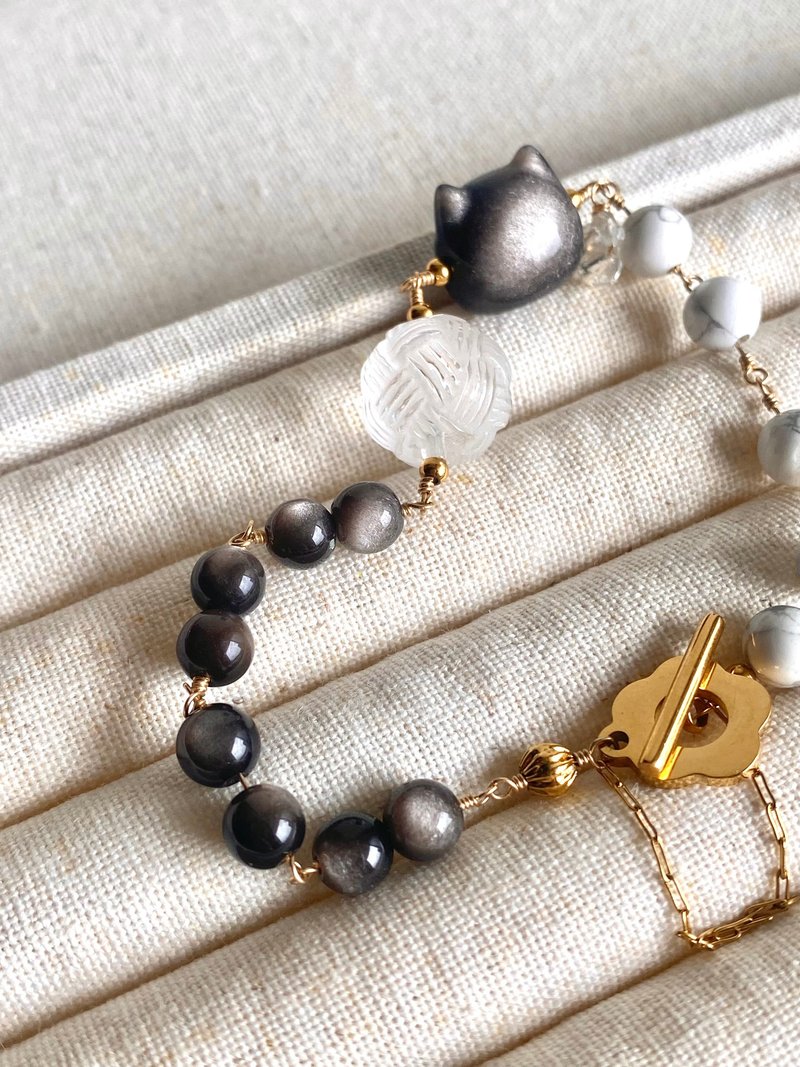 白水晶 银曜石 白纹石|| 14KGF 注金手链 钛钢花花扣 - 手链/手环 - 水晶 黑色