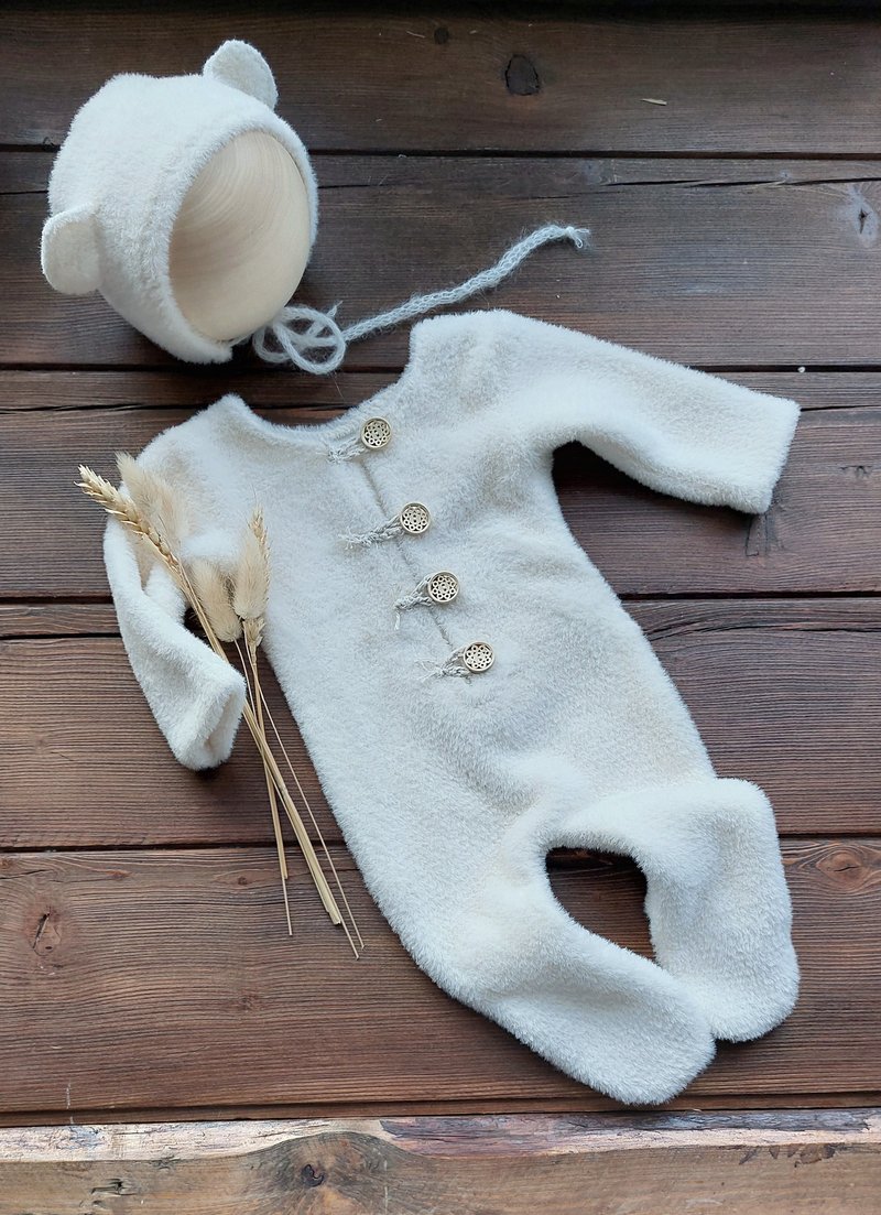 新生儿白色熊造型连身衣与帽子摄影道具 - 其他 - 纸 白色