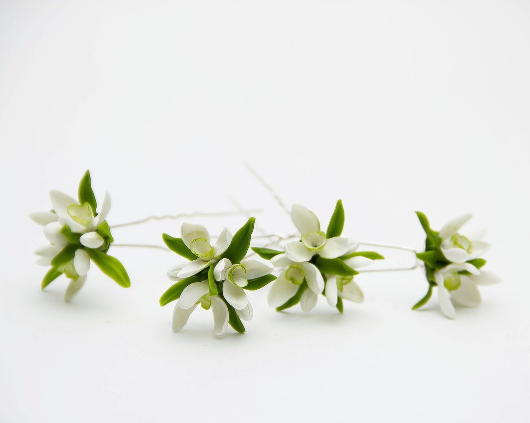 White Snowdrop Flowers Hair Pins (SET 4), Floral Wedding Bridal  White Hair pins - 发饰 - 粘土 