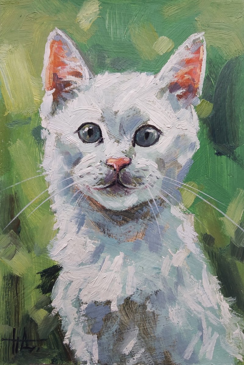 原创油画 动物宠物肖像 白色小猫 尺寸 6x4 英寸 - 墙贴/壁贴 - 纸 多色