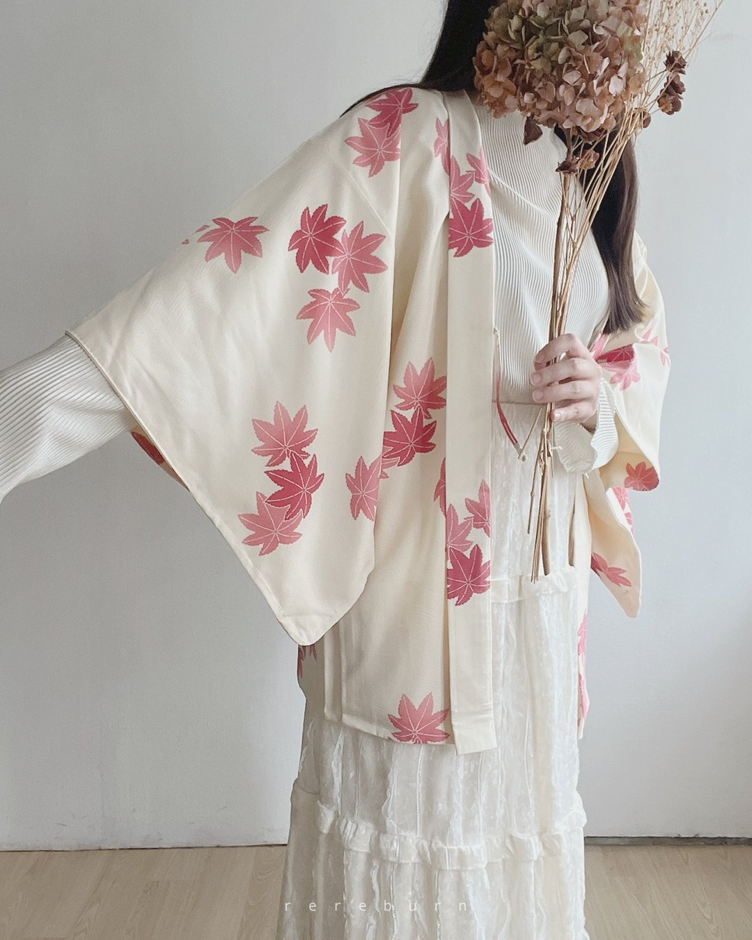 日本制和风印花薄款米色古着羽织和服外套 - 女装休闲/机能外套 - 其他材质 黄色