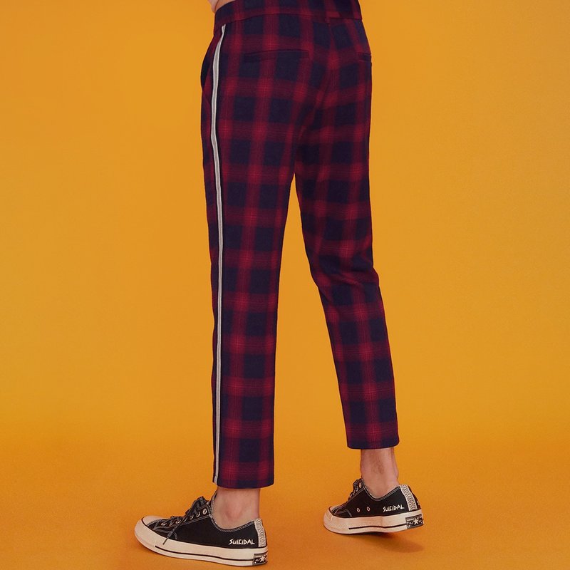 【中性款】侧身织带格纹九分裤 / 红蓝格 - 男士长裤 - 棉．麻 红色