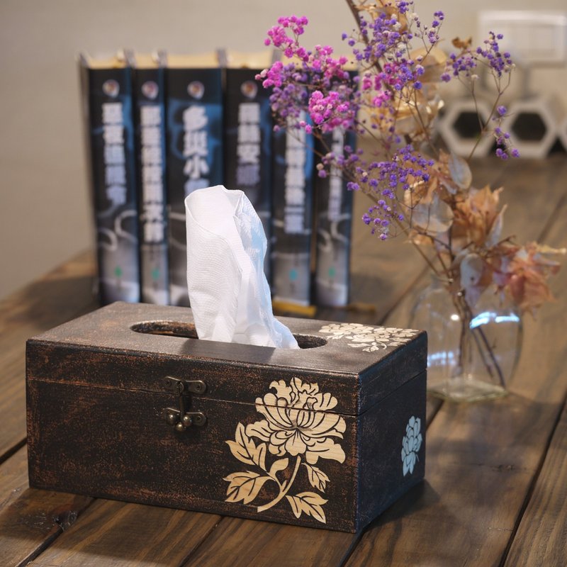 手工原木面纸盒 玫瑰造型 乡村风 仿锻造 面纸盒 卫生纸盒 木作 - 纸巾盒 - 木头 金色