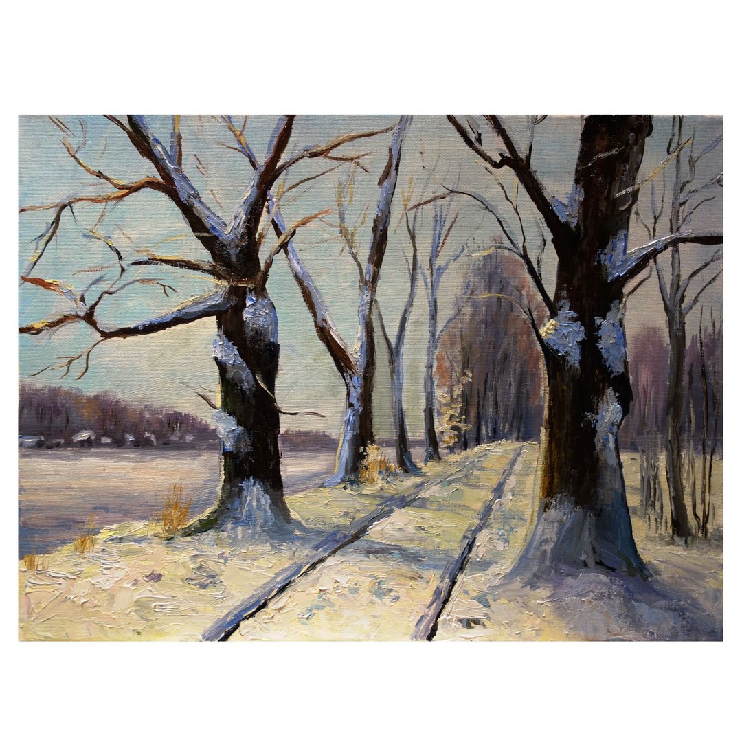 Oak Trees Painting Oil Birch Trees Original Art Snowy Winter Landscape Artwork - 海报/装饰画/版画 - 颜料 多色