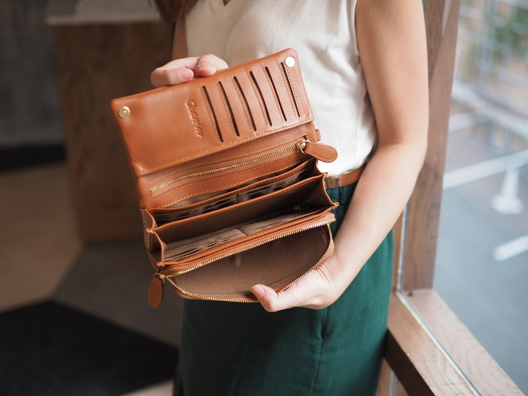 Mousse wallet (Brown-orange): Long wallet, cow leather wallet - 皮夹/钱包 - 真皮 咖啡色
