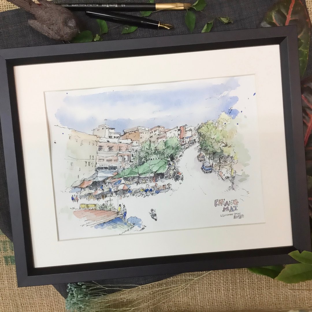 清迈市集/手绘原创/淡彩/含画框 - 海报/装饰画/版画 - 纸 咖啡色