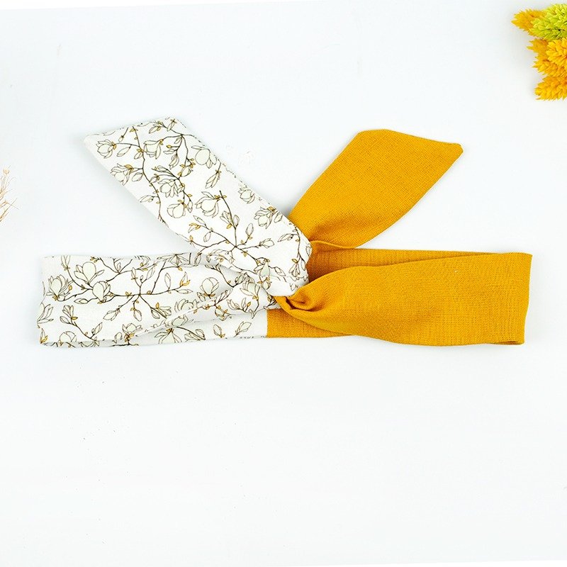 小牛村 Calf Village 手工发饰 铝线发带 多元造型 头带 手绘 花卉 {白花绽放} 芥黄拼接【A-74】 - 发饰 - 棉．麻 黄色