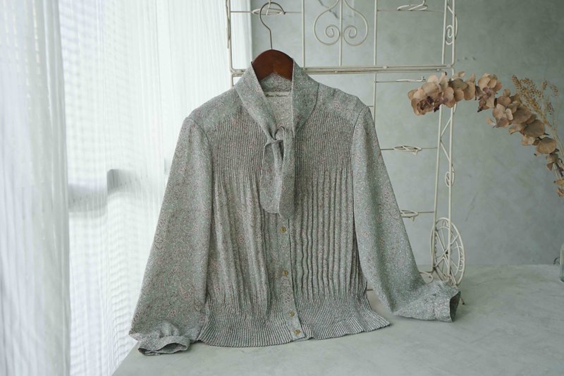 寻宝古着 - 日本制嫩芽绿变形虫花纹绑带压折复古衬衫 - 女装衬衫 - 聚酯纤维 绿色