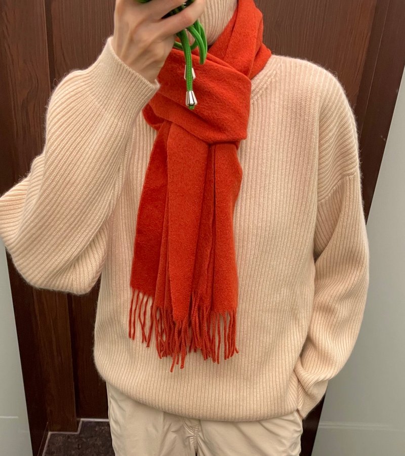 冬日小阳光 珊瑚红 轻薄 羔羊毛流苏围巾 - 围巾/披肩 - 羊毛 红色