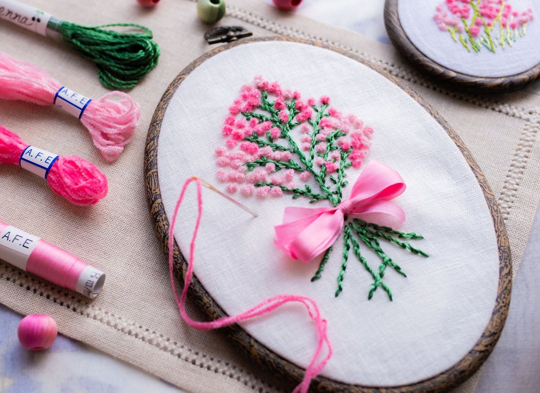 California Rose Flower Embroidery Production Kit For those who want to embroider firmly with a large frame - 编织/刺绣/羊毛毡/裁缝 - 绣线 粉红色