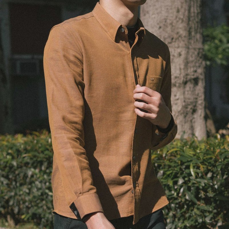 【男友礼物/包邮】埃及棉素面网眼长袖男衬衫│驼色 - 男装衬衫 - 棉．麻 咖啡色