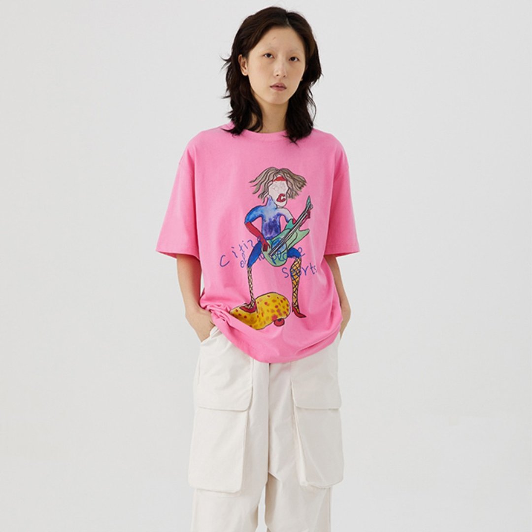 Surf On Land Print T-shirt 陆地冲浪插画T恤 粉色 無性別穿搭 - 中性连帽卫衣/T 恤 - 棉 粉红色