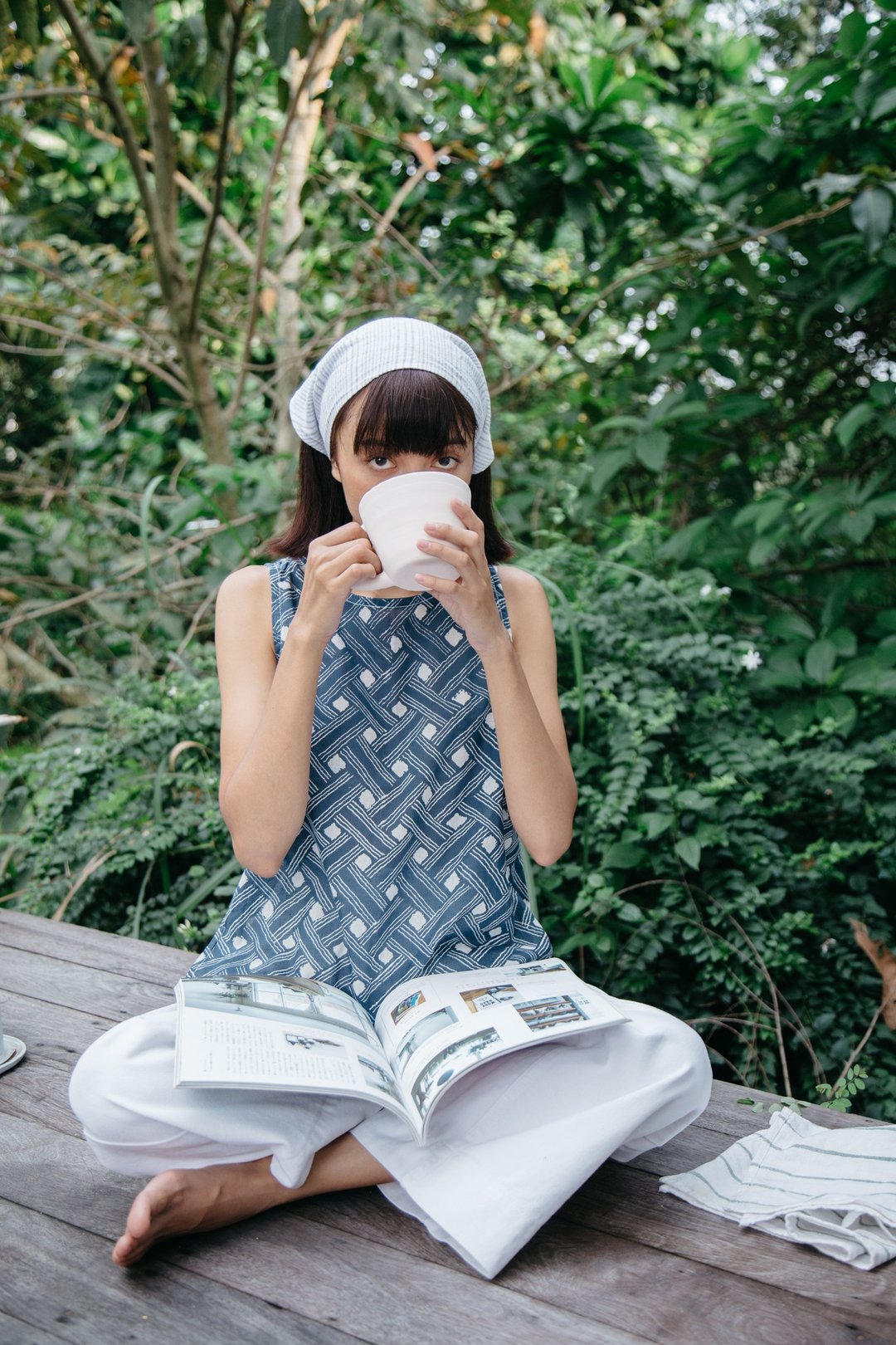Mulmul weave tank top - 女装上衣 - 棉 蓝色