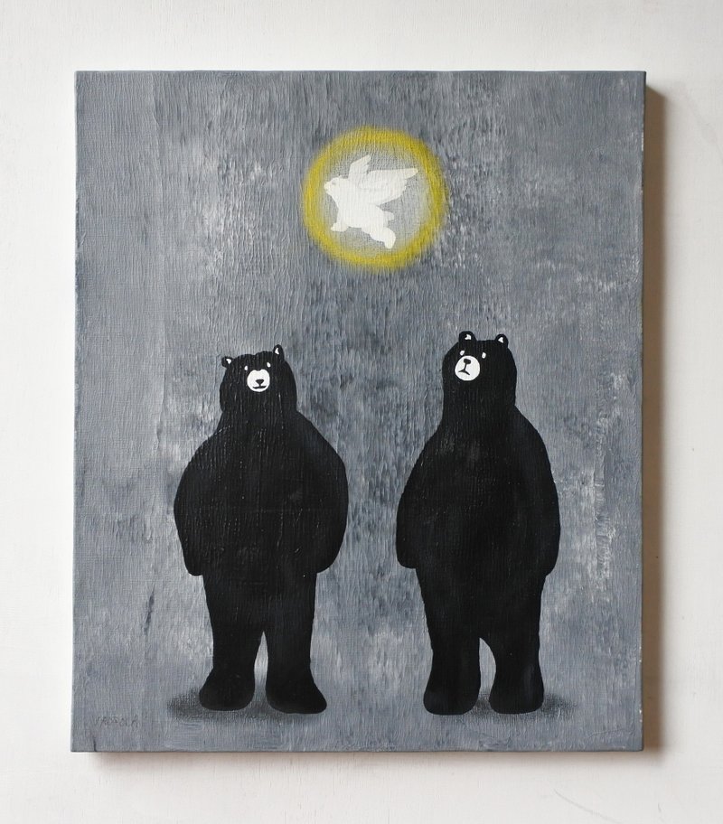 【IROSOCA】 Bear canvas painting looking up angel F8 size original picture - 海报/装饰画/版画 - 其他材质 黑色