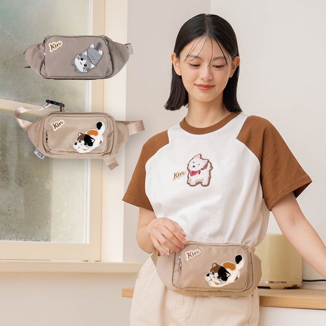 小灰猫 花花猫 毛巾绣 腰包 后背包【330019】 - 侧背包/斜挎包 - 防水材质 卡其色