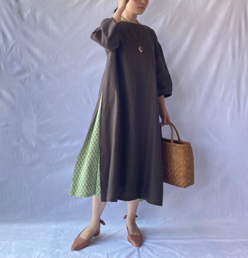 linen combination dress　brown/indiandrops(brock print) - 洋装/连衣裙 - 棉．麻 咖啡色