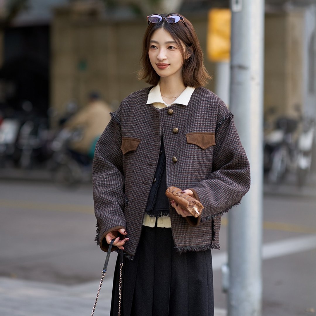 流苏小香风羽绒服|外套|秋冬款|Sora-1379 - 女装休闲/机能外套 - 羊毛 咖啡色