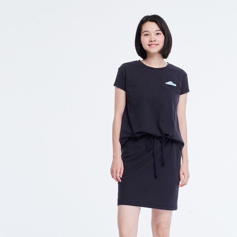 法國小毛圈一朵小島刺繡衣裙洋裝/深藍 - 洋装/连衣裙 - 棉．麻 蓝色