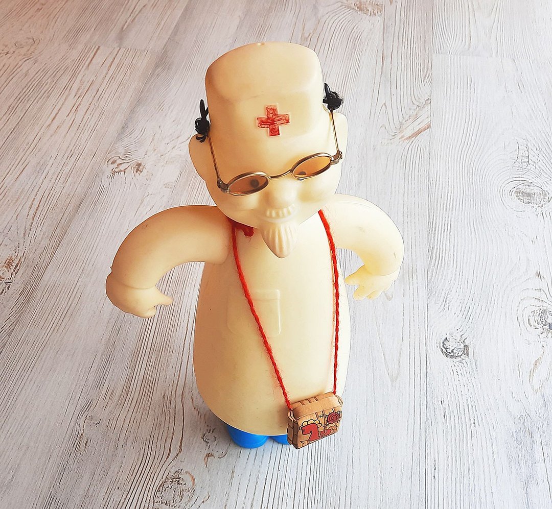 Doctor doll vintage Soviet plastic toy white blue - kids gift from USSR - 玩具/玩偶 - 塑料 白色