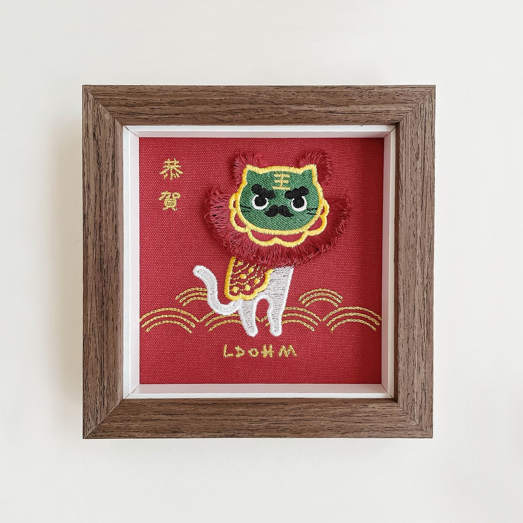 【猫咪醒狮】台湾醒狮 刺绣画|实木|驱邪避煞 平安健康 - 画框/相框 - 棉 绿色