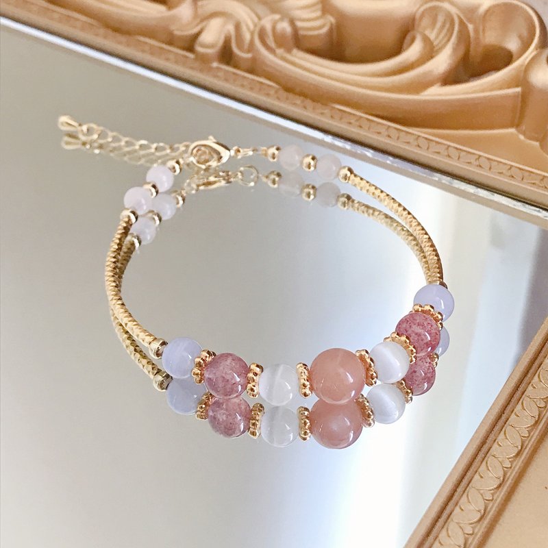 太阳石 草莓晶 蓝纹玛瑙 猫眼石 手链 水晶手环 闺蜜姊妹链 - 手链/手环 - 水晶 粉红色