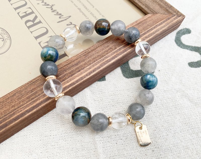 蓝晶石 地球蓝晶 灰蓝兔毛 冰爆白水晶 手作设计款能量水晶手链 - 手链/手环 - 水晶 