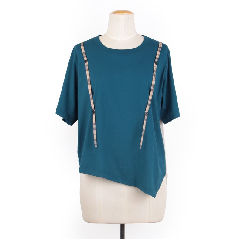蓝绿米 - 双带扣饰不规则拼色短T #U1185 - 女装上衣 - 棉．麻 蓝色