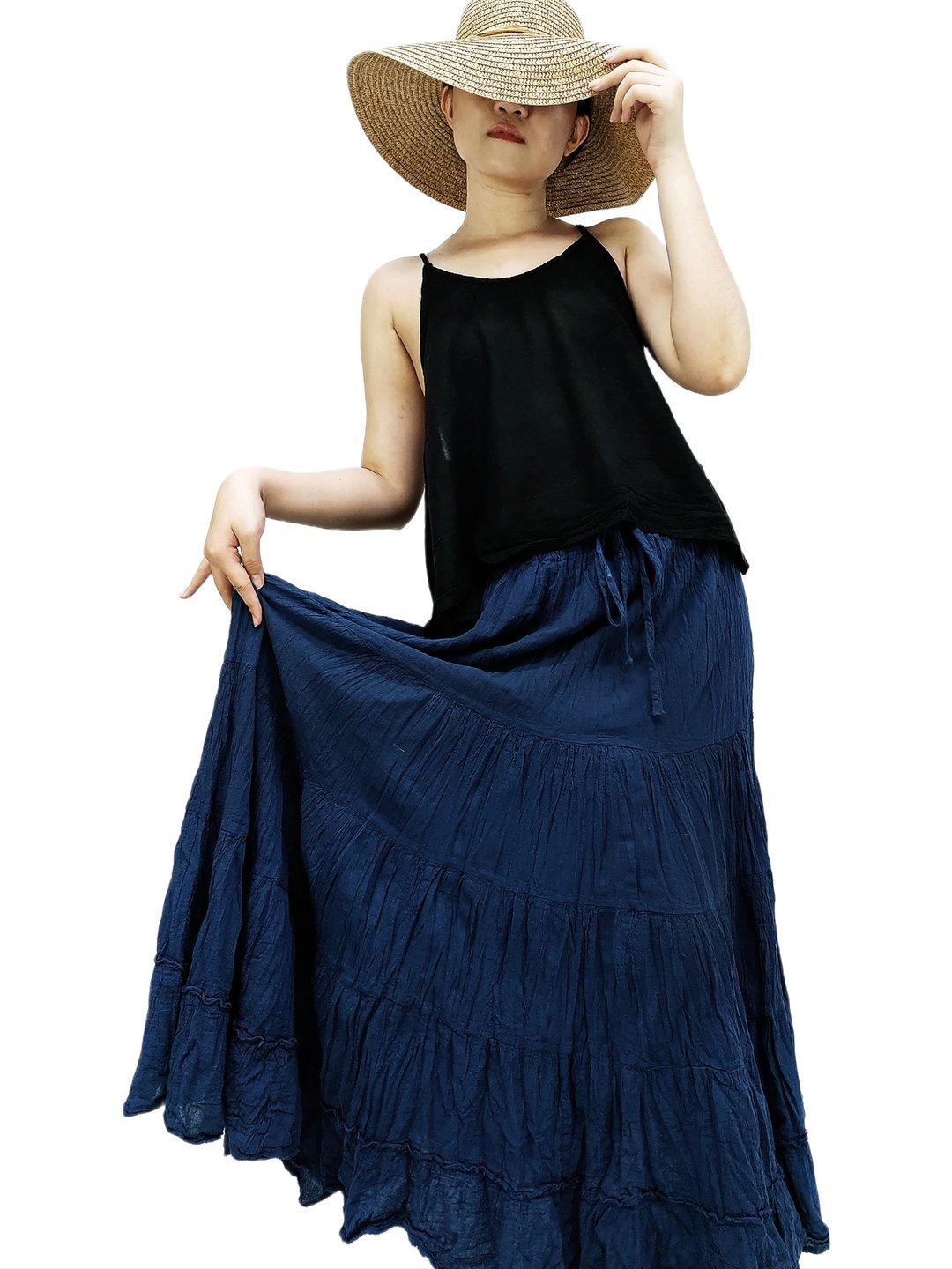 Woma clothing Unique Cotton Skirt Tiered Ruffle Skirt Long Skirt Elastic Waist - 裙子 - 棉 多色