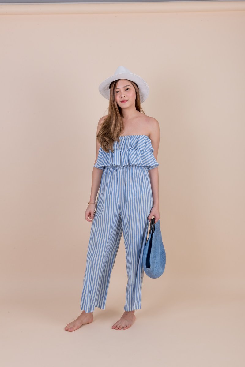 Striped Jumpsuit (Color/Sky) - 背带裤/连体裤 - 其他材质 蓝色
