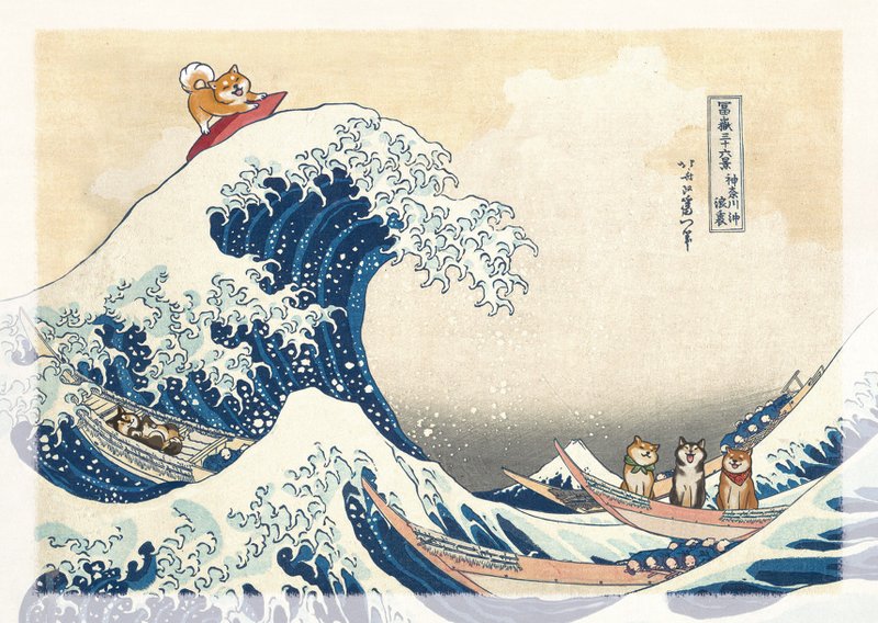 【明信片】日本浮世绘5款: 冲浪柴/猫咪/跳舞猫/杂技猫/平安青蛙 - 卡片/明信片 - 纸 多色