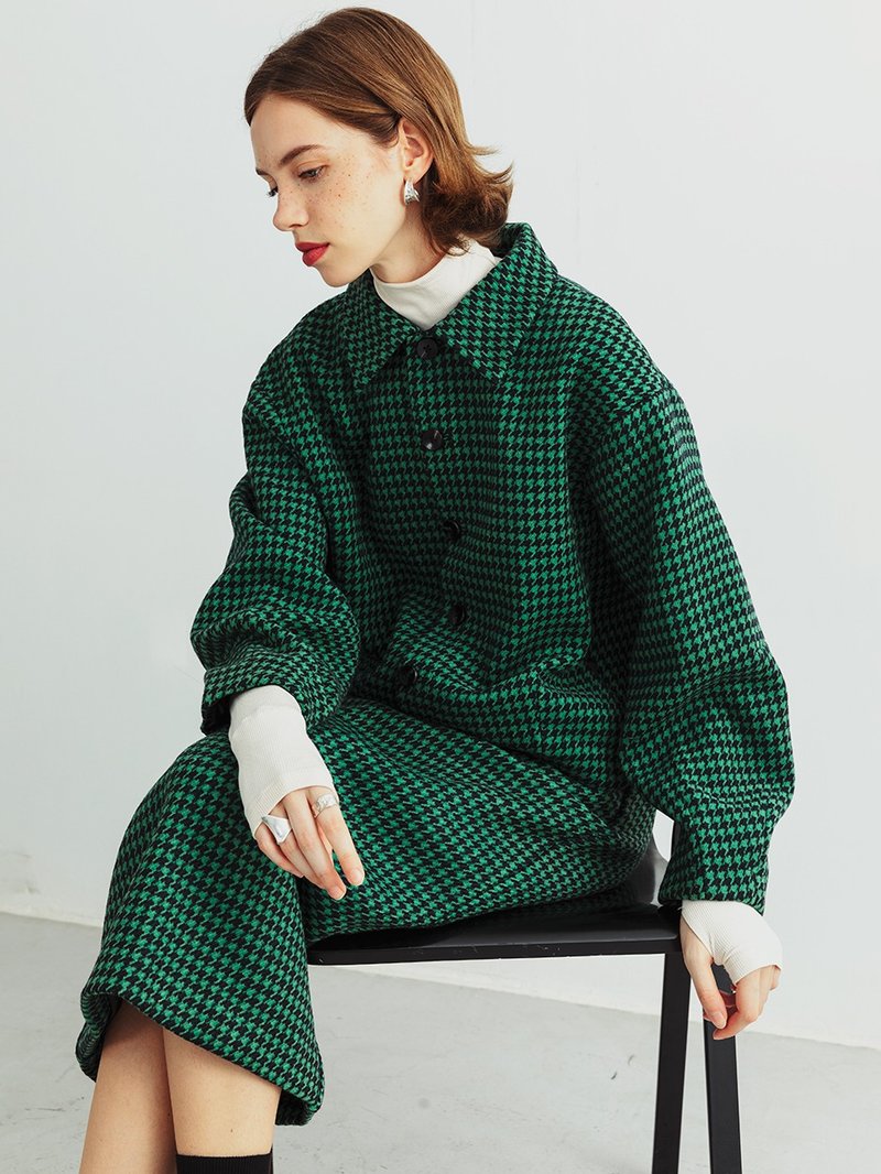 重磅加厚羊毛短外套女2021秋冬通勤复古千鸟格粗花呢高腰上衣 - 女装西装外套/风衣 - 羊毛 绿色