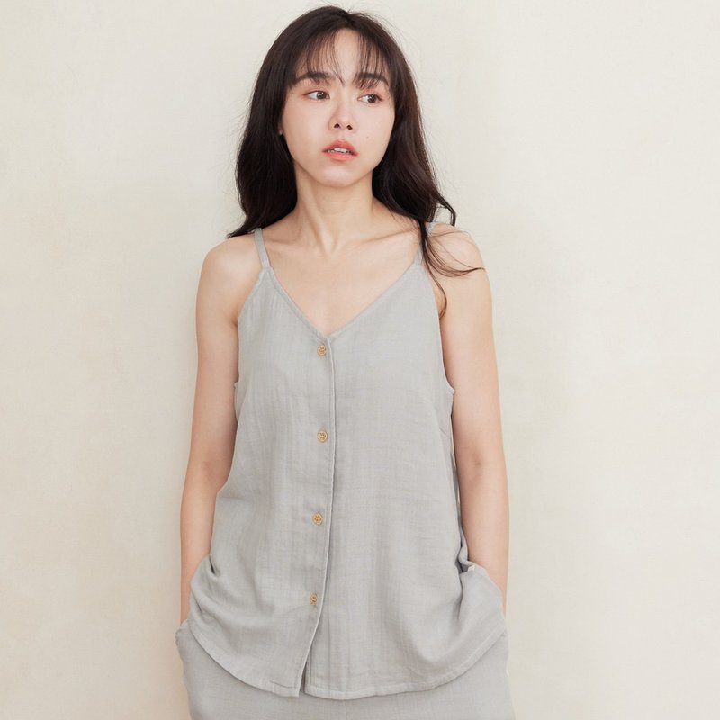 呼吸二重纱细肩带排扣背心-共2色/睡衣/内搭背心 - 女装背心 - 棉．麻 多色