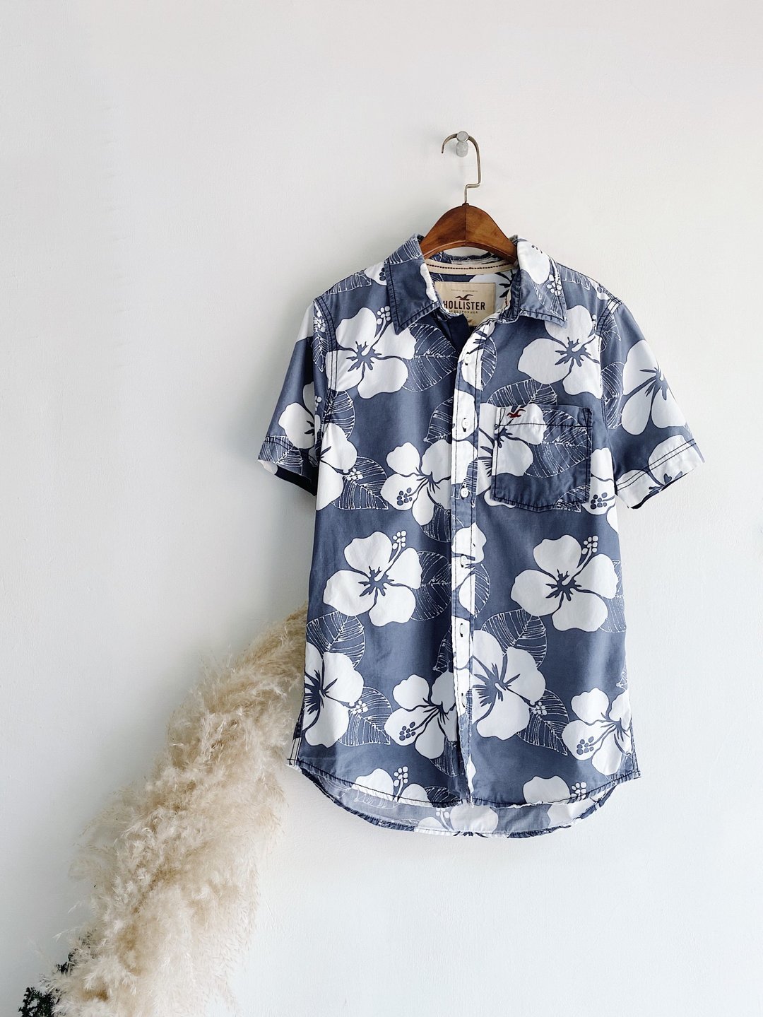 hollister 灰蓝印花 古着棉质夏威夷衬衫上衣vintage Aloha Shirt - 女装衬衫 - 棉 蓝色
