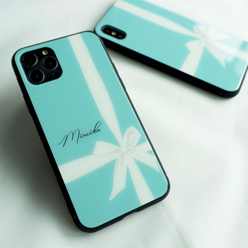 适用于多台设备的玻璃智慧型手机外壳 [白丝带，刻有名字]蓝绿iPhone Android JI30U - 手机壳/手机套 - 玻璃 蓝色