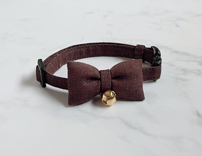 摩卡棕牛仔布丝带领 - 项圈/牵绳 - 棉．麻 咖啡色