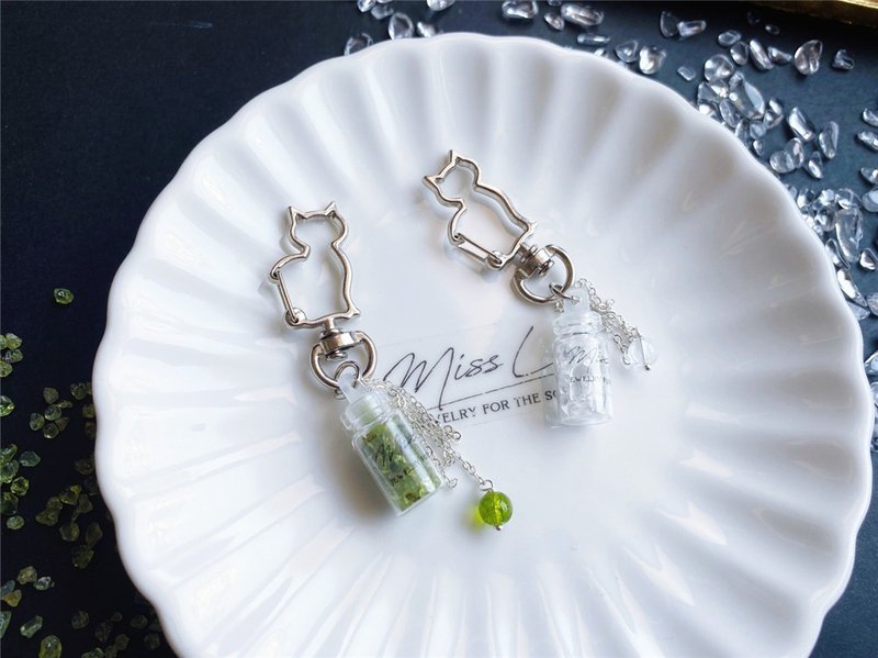 橄榄石 白水晶 幸运 许愿瓶 猫 天然石 水晶 闺密 礼物 - 吊饰 - 水晶 