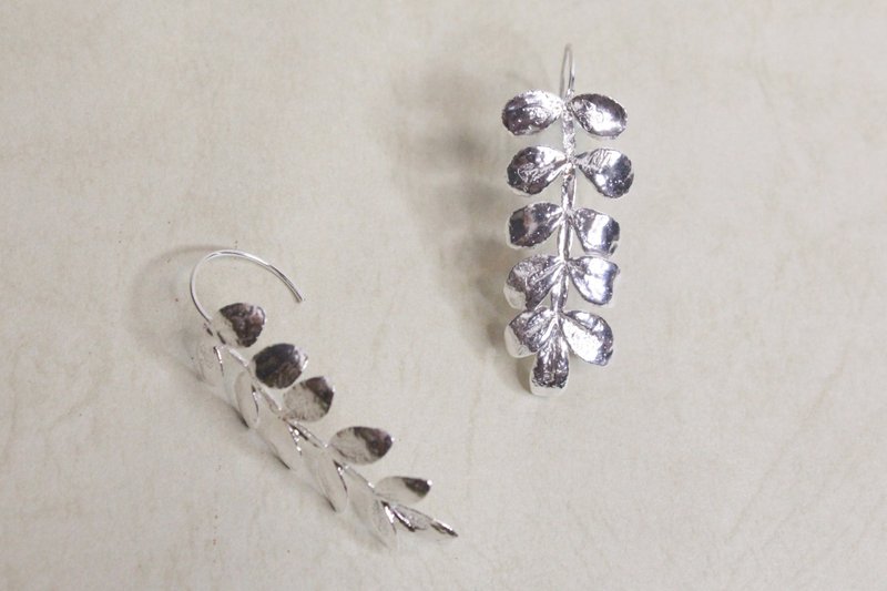 胡椒木叶 纯银手工耳环 可改夹 - 耳环/耳夹 - 纯银 银色