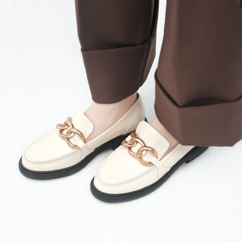 增高厚底! 外缝线漆皮文艺乐福鞋 米 MIT 全真皮 -奶油米 - 女款牛津鞋/乐福鞋 - 真皮 白色