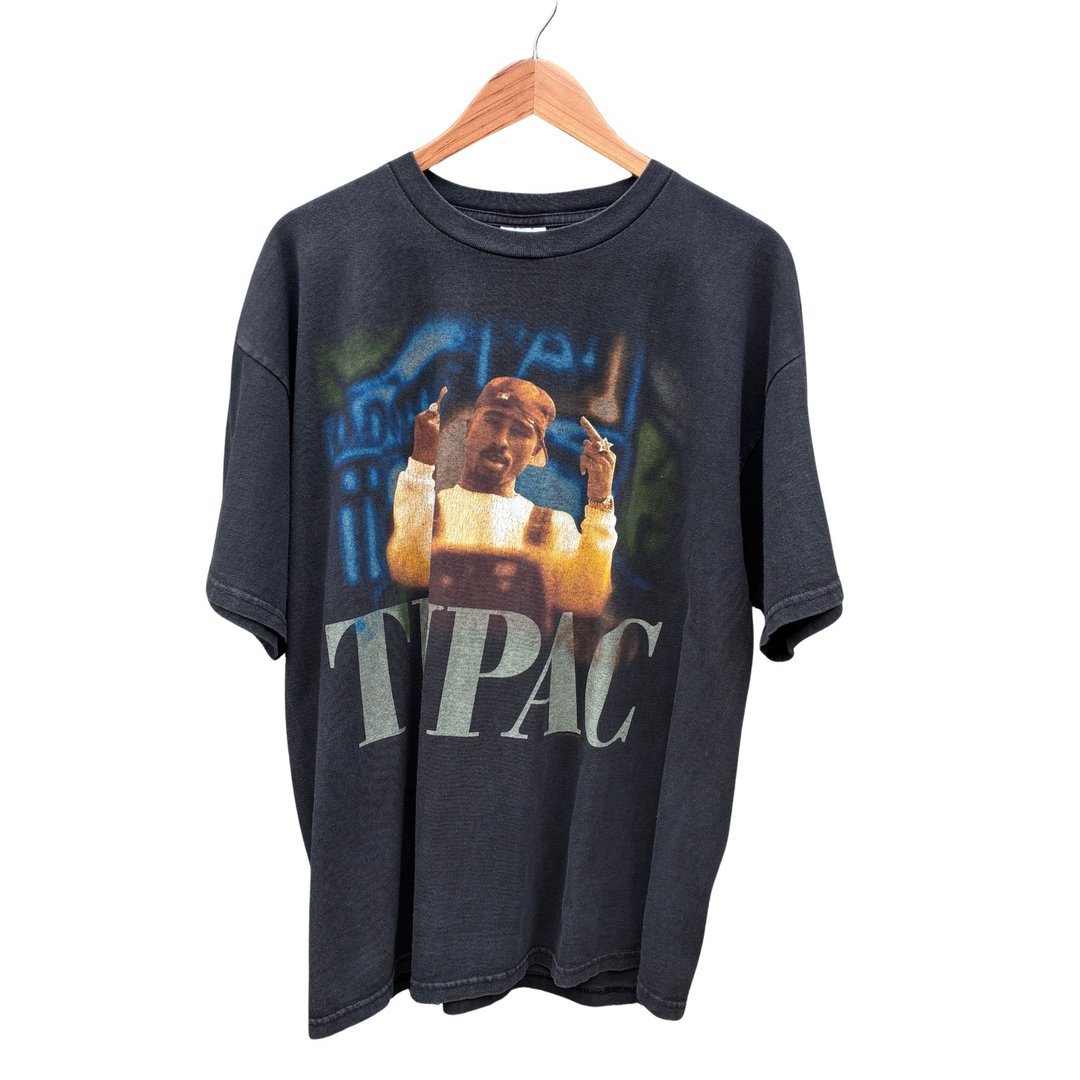 1999年复古 2Pac 中指图案饶舌T恤 - 男装上衣/T 恤 - 棉 黑色