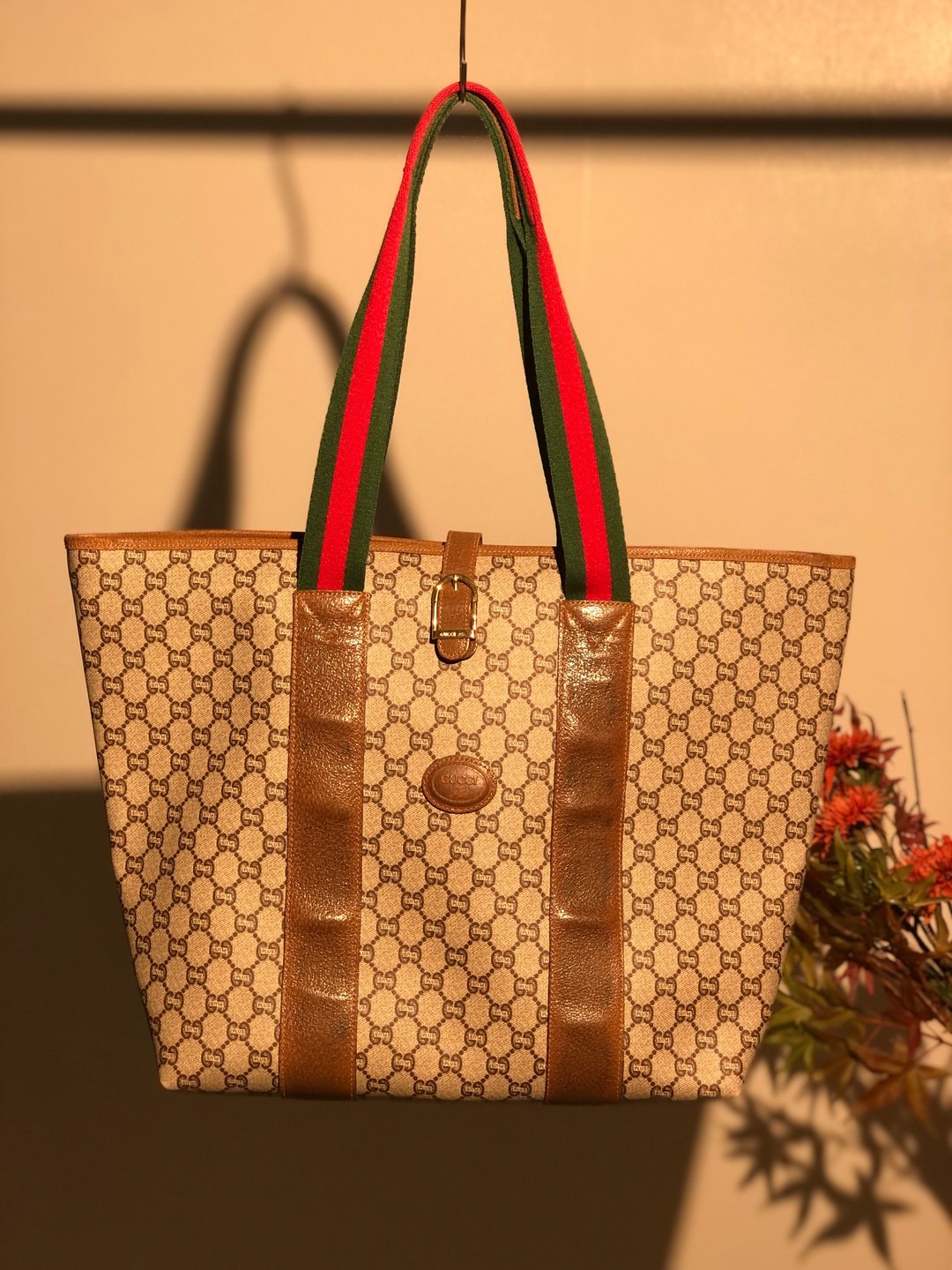 【日本直送，名牌二手包装】GUCCI 古驰 Sherry Line Logo PVC x 皮革托特包 米色 Vintage Old Gucci z774zk - 手提包/手提袋 - 真皮 咖啡色