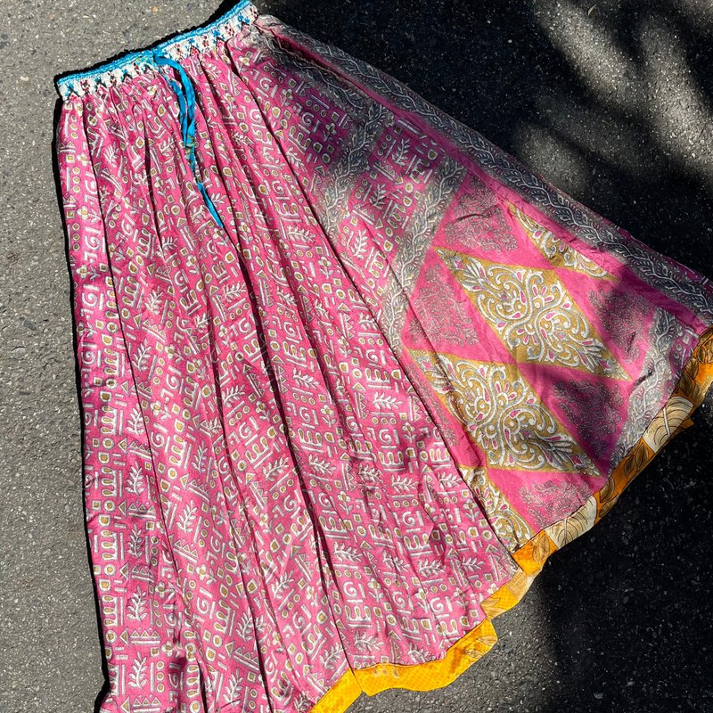 喜迎瑶 尼泊尔 大摆裙 植物丝 长裙 伞裙 嬉皮 民族风 连身裙 - 裙子 - 其他材质 粉红色