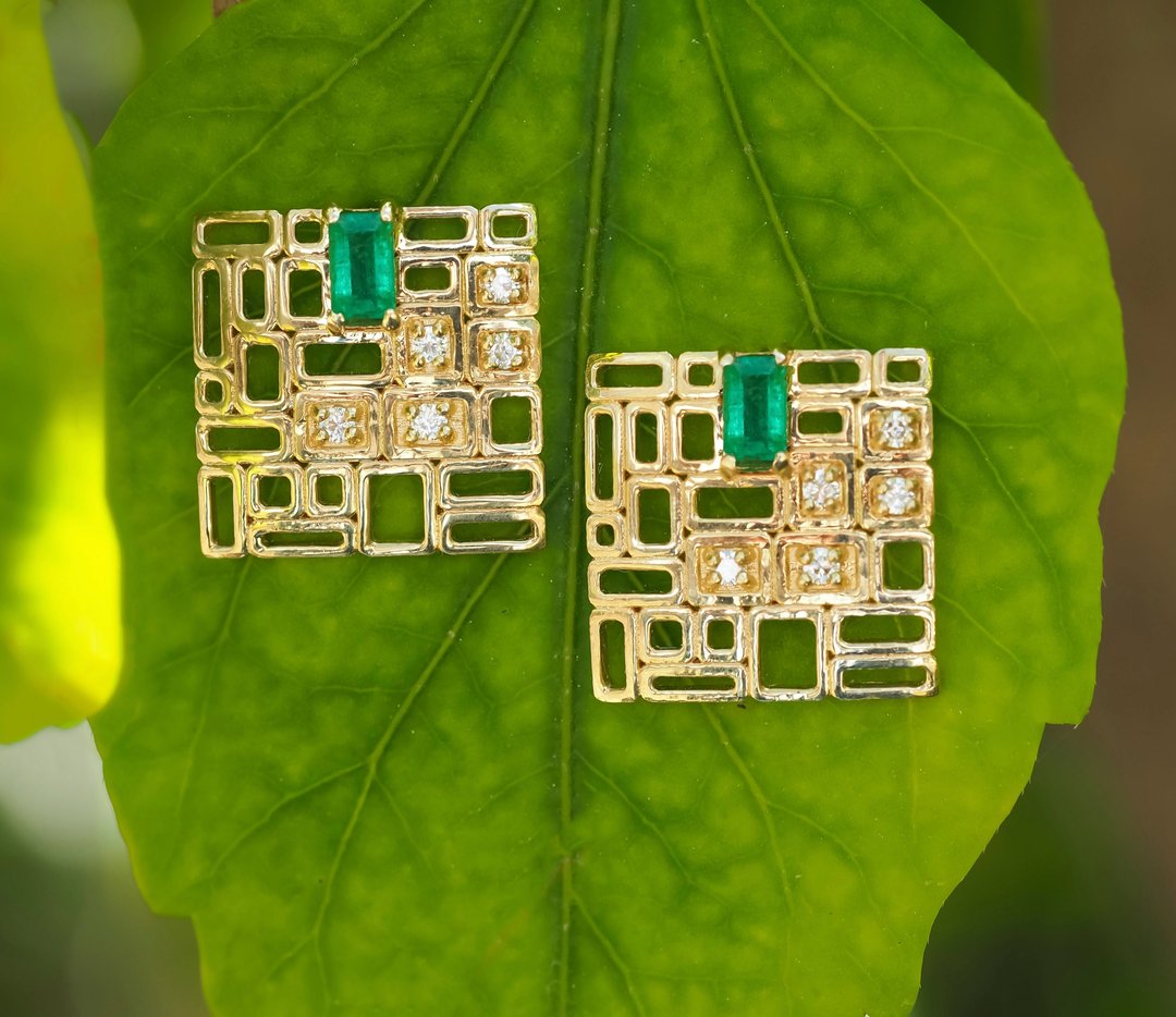 14k gold earrings studs with emeralds and diamonds - 耳环/耳夹 - 贵金属 橘色