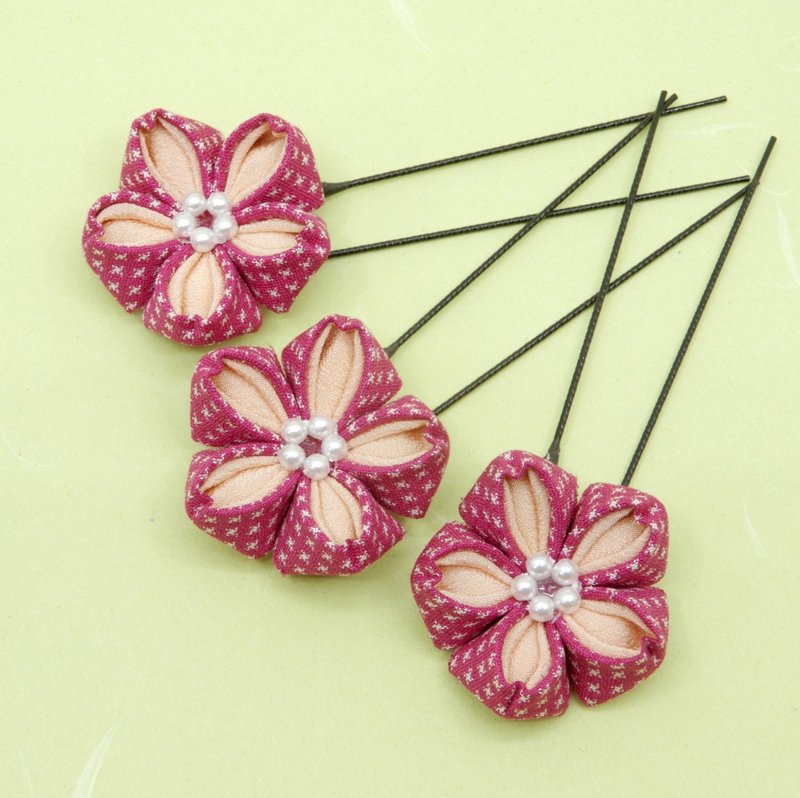 [sale30%OFF] 妻子见细工旧布樱花发饰3件套 桃子图案 - 发饰 - 丝．绢 粉红色