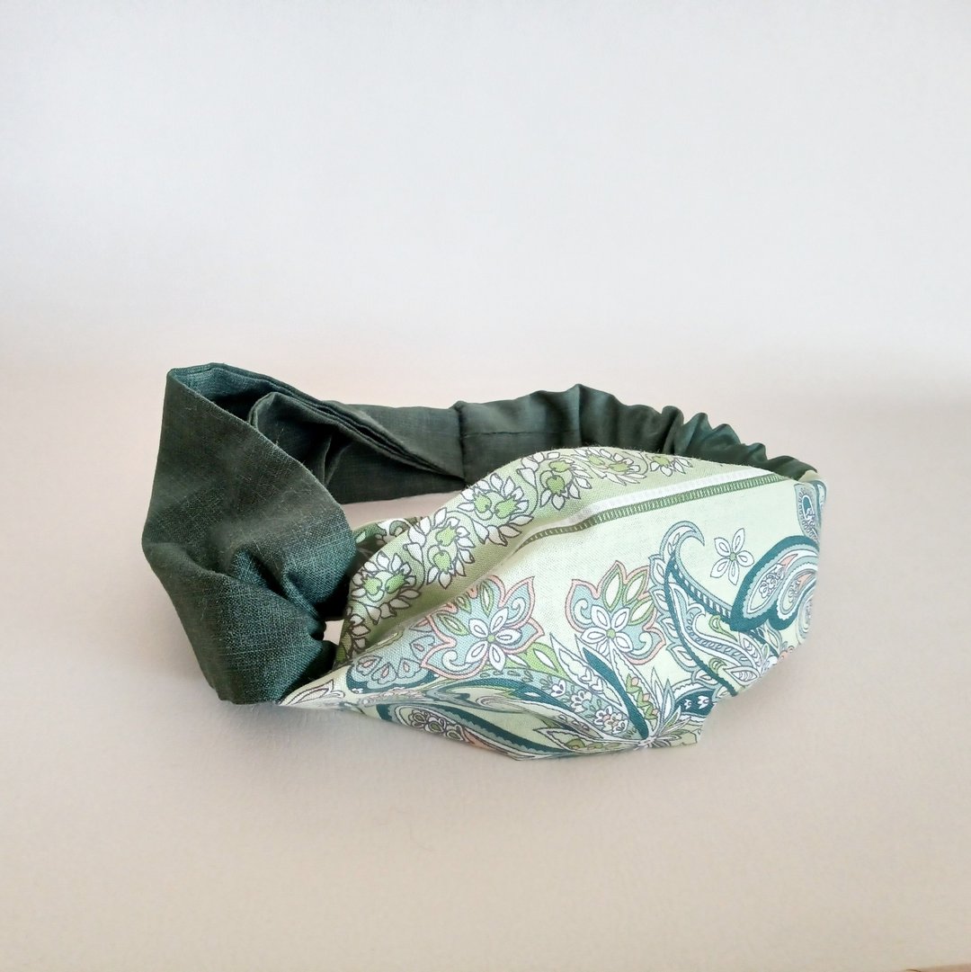 Cross-type headband turban Green Botanical 10 - 发带/发箍 - 棉 绿色